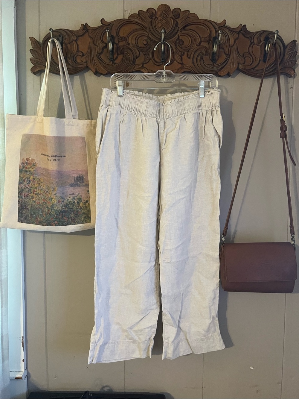 H&M Light Beige Women's Linen-Blend Elastic Waist Chinos